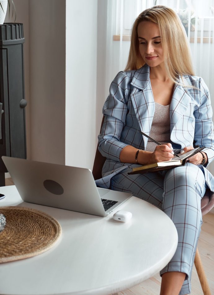 Psychologist or coach conducts online consultation at home office, remote work at home